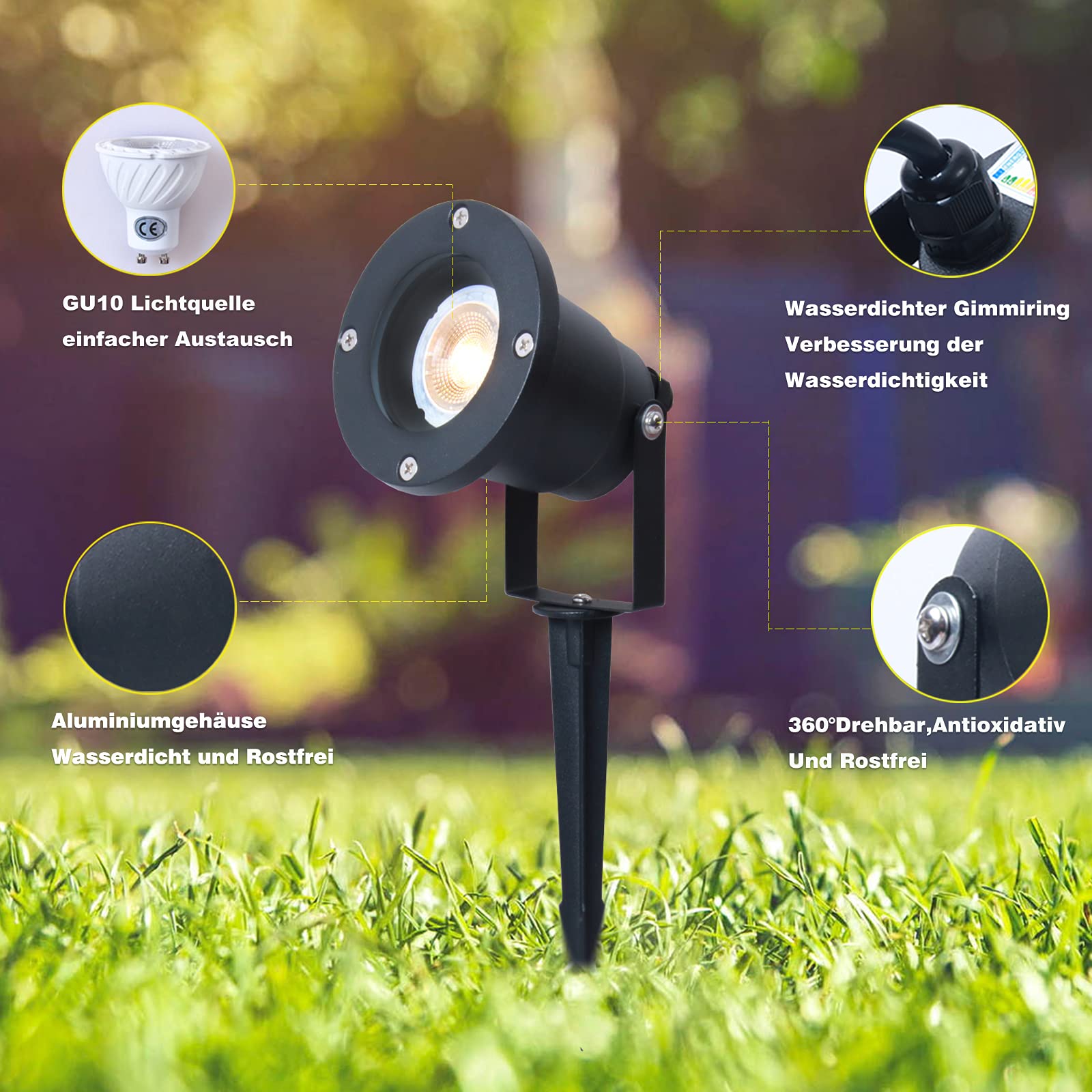 Gartenleuchte mit Erdspieß 4W LED Gartenstrahler mit GU10 IP66 Wasserdicht Gartenlampe mit Stecker Warmweiß 3000K Led Strahler für Außen Garten Rasen Baum Wiese(2er Pack)