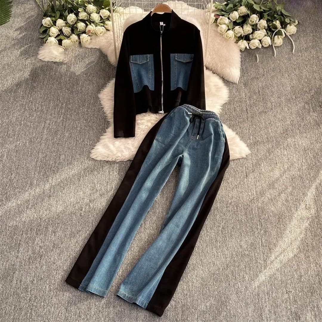 Womens Hooded Denim Two Piece Set Loose Top And Wide Leg Pants Elastic Waist Summer Casual Outfit