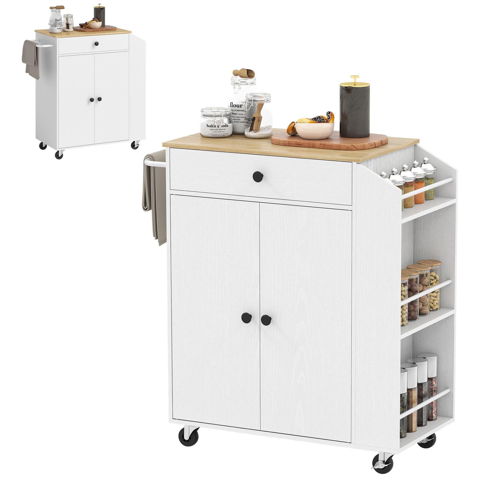HOMCOM Kücheninsel Küchenwagen auf Rollen mit Arbeitsplatte, Küchenschrank mit Schublade, Gewürzregal, Ablage, Handtuchhalter, Servierwagen Rollwagen für Küche und Esszimmer 82 x 38 x 86,5 cm Weiß