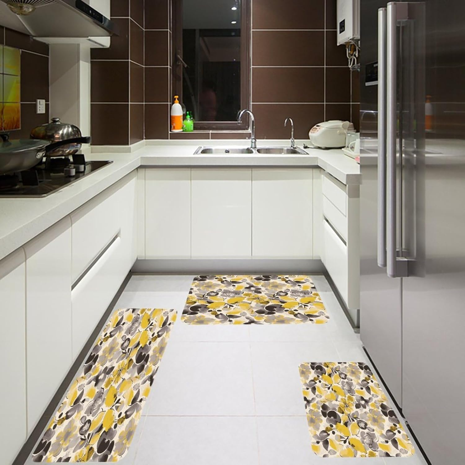 Yellow Gray Flower Kitchen Rugs Set of 3 Non Slip Washable Kitchen Mats for Floor Soft Area Rug Kitchen Floor Mat Cushioned Anti Fatigue Mats Standing Sink Mat Decor Runner Rugs