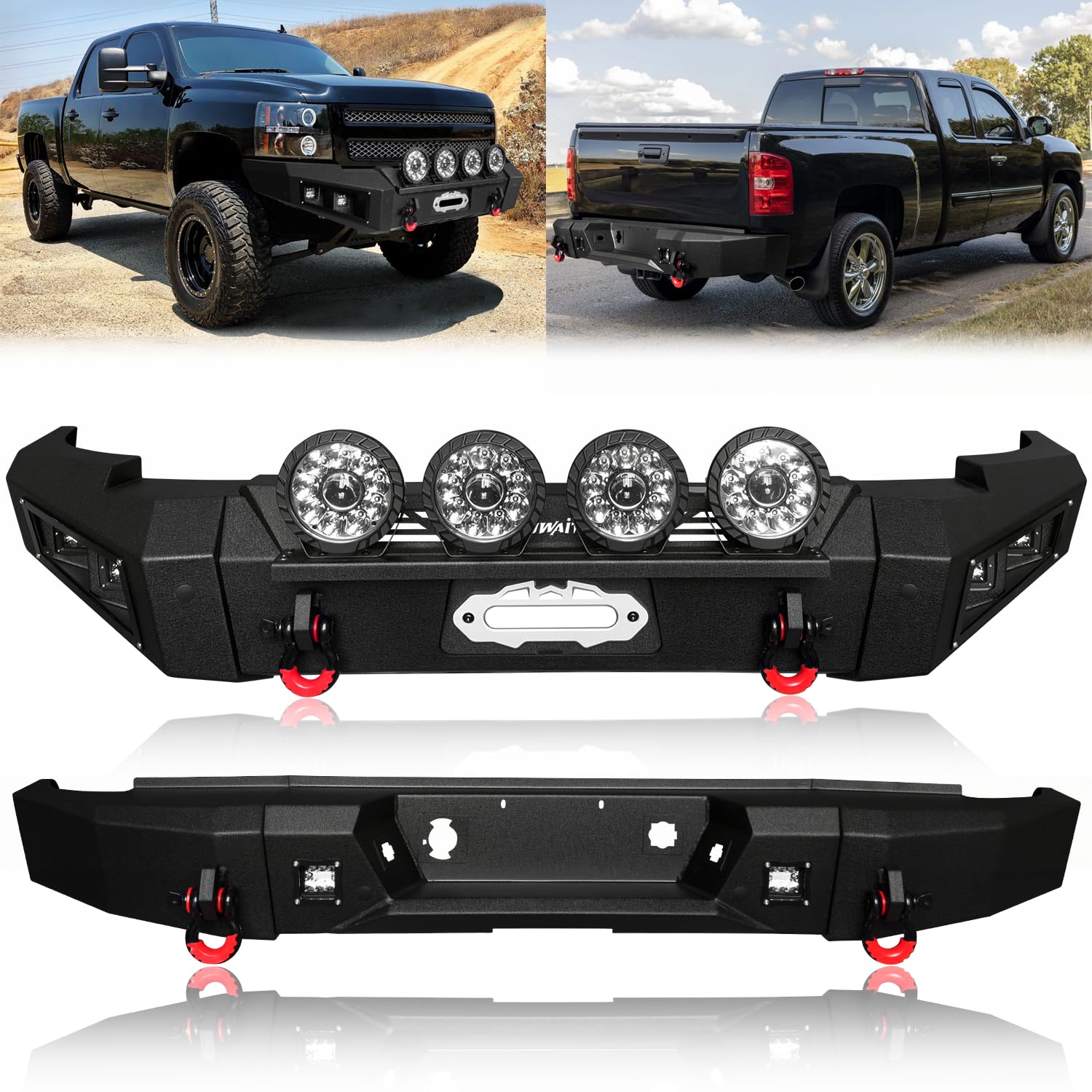MARSITTER Front and Rear Bumpers Compatible with 2007-2013 Chevy Silverado 1500 with Winch Plate and Lights (Front+Rear Bumpers (Round Light Bar))