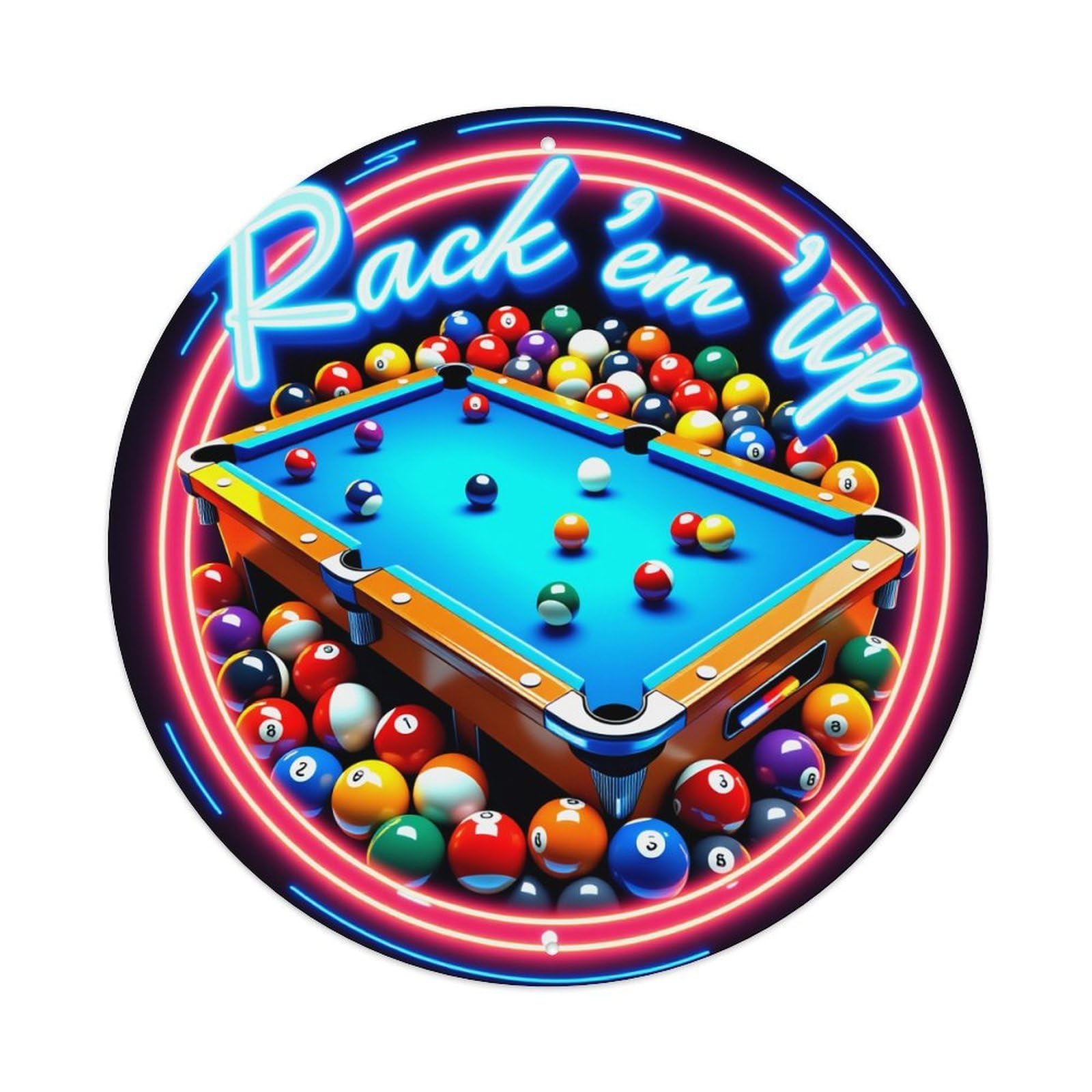 Neon Pool Table Balls Game Round Tin Sign Vintage Metal Poster, Home Bar Garage Man Cave Cafe Indoor & Outdoor Wall Decoration 8x8Inches