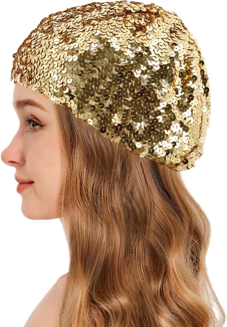 Erinaco Women Girls Sparkly Sequin Beret Glitter Stretch Vintage Hat Beanie Cap Headwear for Danicng Party Festival Halloween