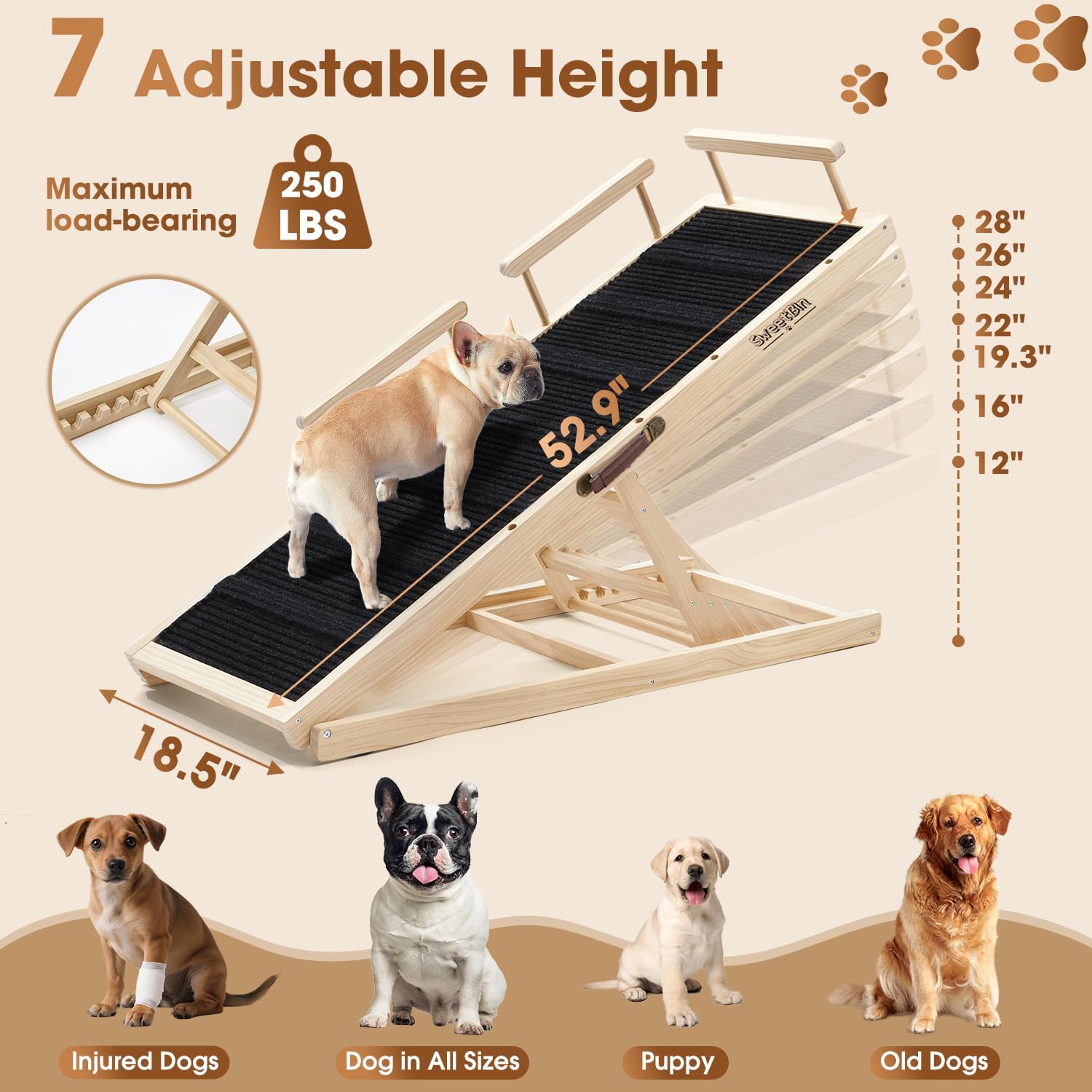 Dog Ramp for Bed - 52.9" Long Adjustable 12" to 28" Wooden Pet Ramp for Small Large Older Dogs - Dog Ramps for High Beds Couch Car - Dog Steps with High Traction Mat & Safety Side Rails Up to 250LB Burlywood(rail)/X Large