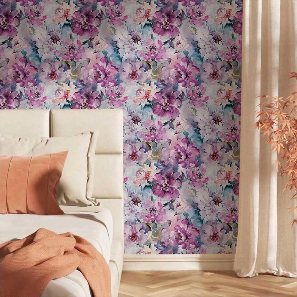 18"x236" Purple/White Watercolor Floral Flower Peel and Stick Self Adhesive Wallpaper Removable Contact Paper Stick on Easy Peel Off Wall Paper for Kitchen Bedroom Bathroom Renter