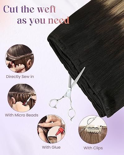 Miniatura 184 de LaaVoo Extensiones de cabello humano real para coser, extensiones de cabello humano de doble trama, color negro azabache, 18 pulgadas, 3.53 onzas