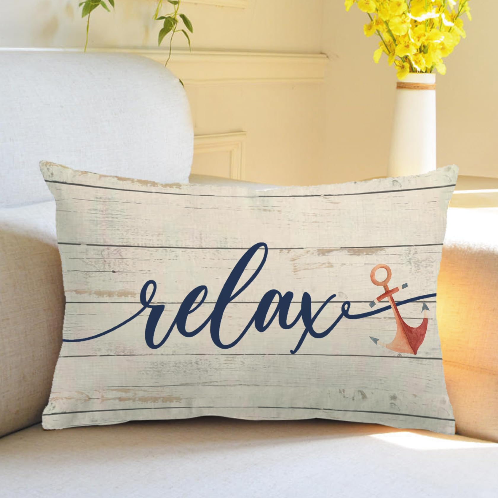 7COLORROOM Set of 2 Nautical Theme Pillow Covers Double-Sided Printed Wood Grain Funny Quote Relax On Lake Time Rectangular/Waist Cushion Cover Summer Ocean Home Decor Pillowcases 12”×20” (Multi) 3