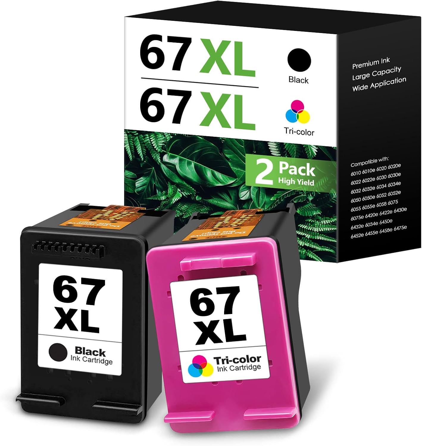 Remanufactured 67XL Ink Cartridges Replacement for HP 67 Ink Cartridges Black/Color Combo Pack for Envy 6055 6055e 6052 6455e 6452 6458 DeskJet 2855e 2827e 2755e 2700 2755 Printer 2-Pack
