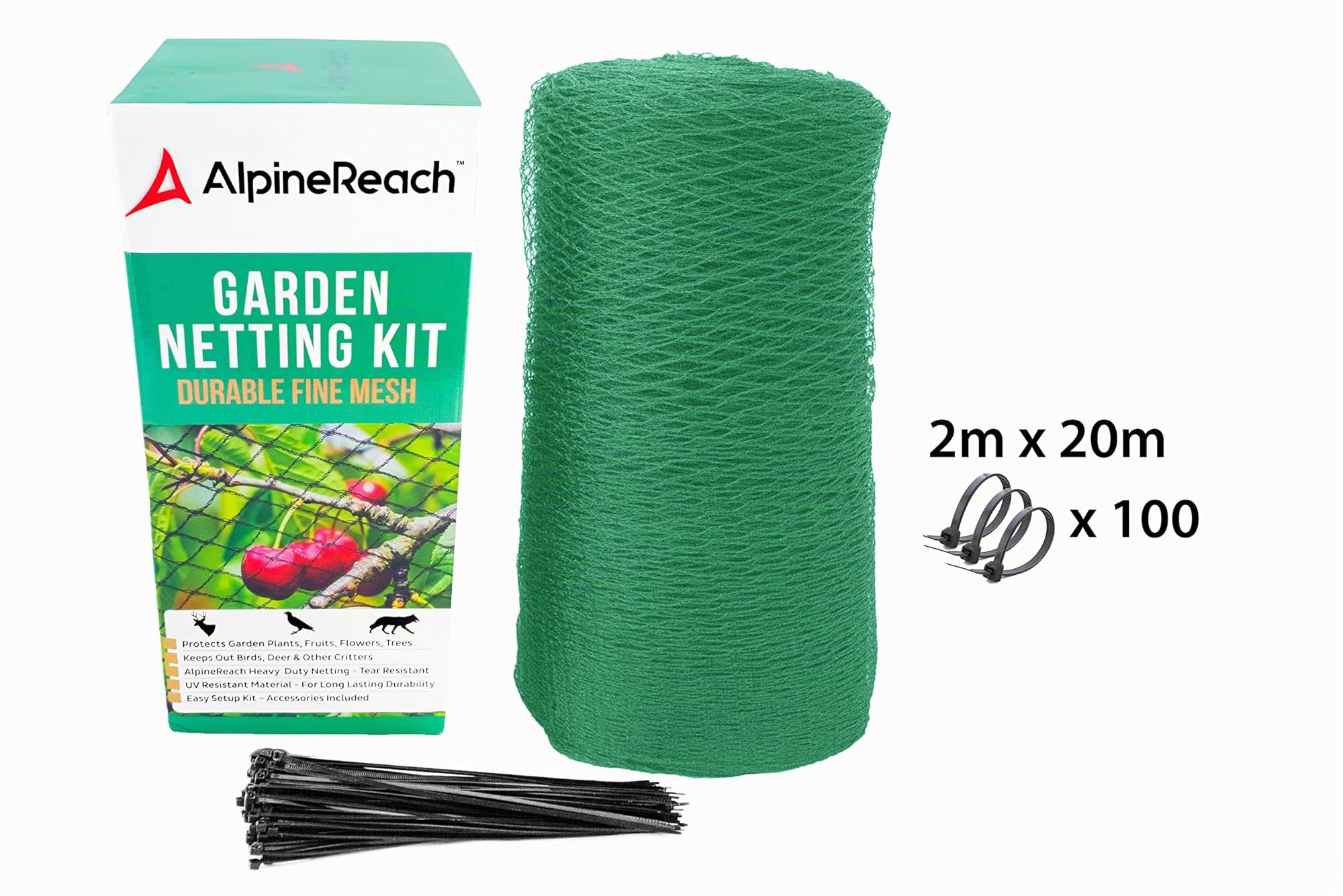 AlpineReach Rete da giardino, 2 m x 20 m, extra resistente, per proteggere piante e alberi da frutto contro animali e recinzioni di cervi, riutilizzabile, con fascette per cavi, verde