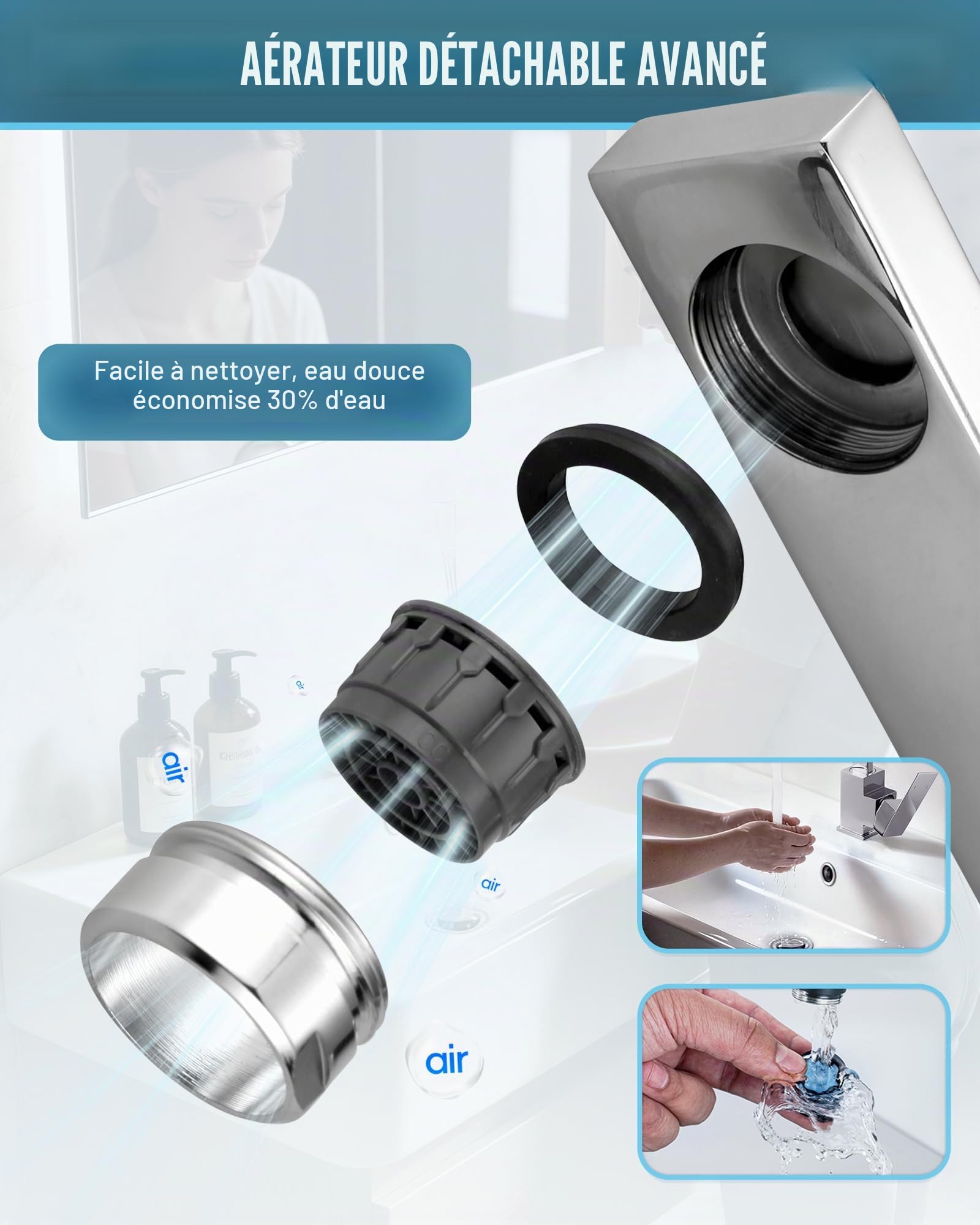 Robinet de cuisine haute pression en acier inoxydable, pivotant à 360°, mitigeur d'évier, mitigeur, chromé (Chrom)