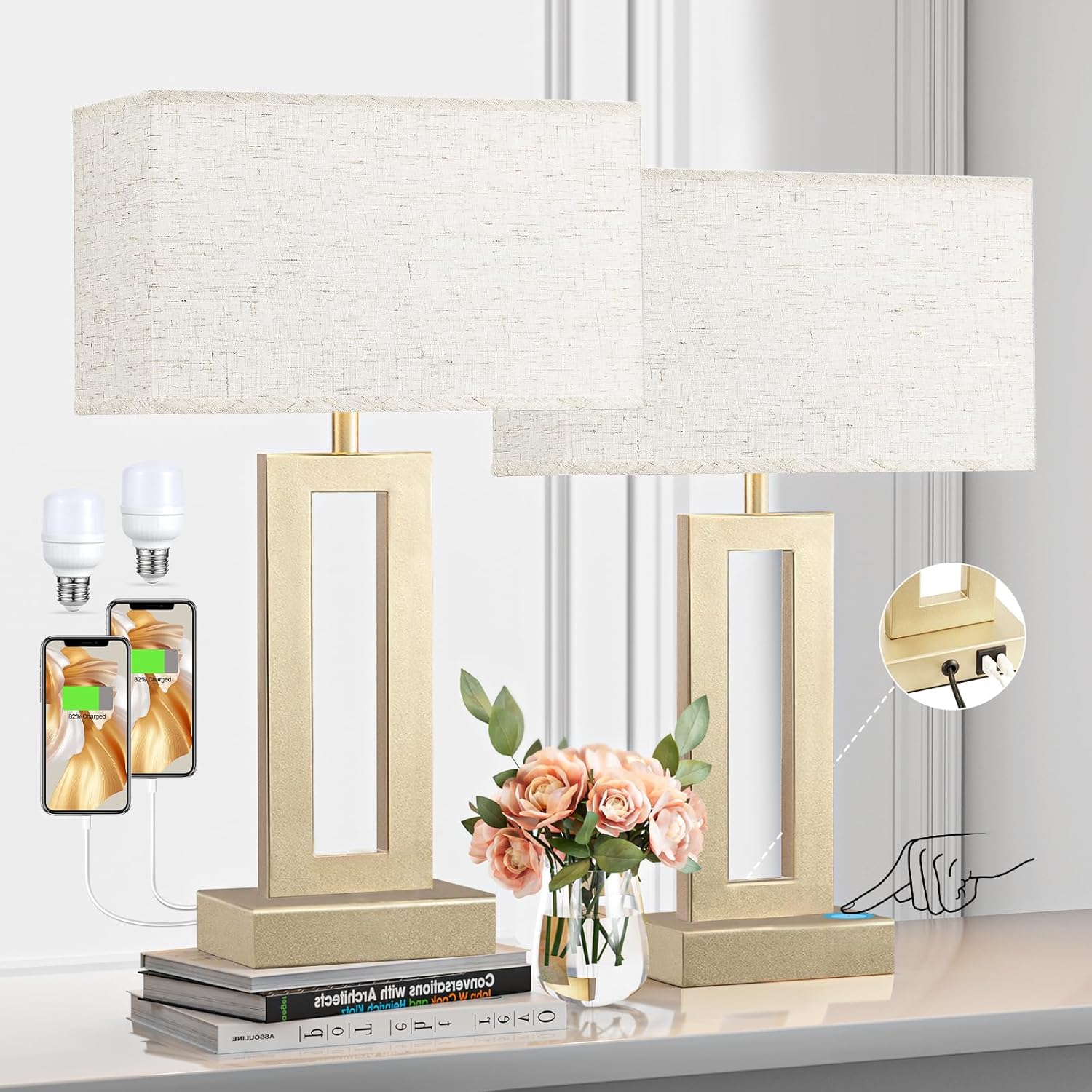 Bedroom Table Lamps Set of 2 - Beige Touch Bedside Lamps with USB C+A ...