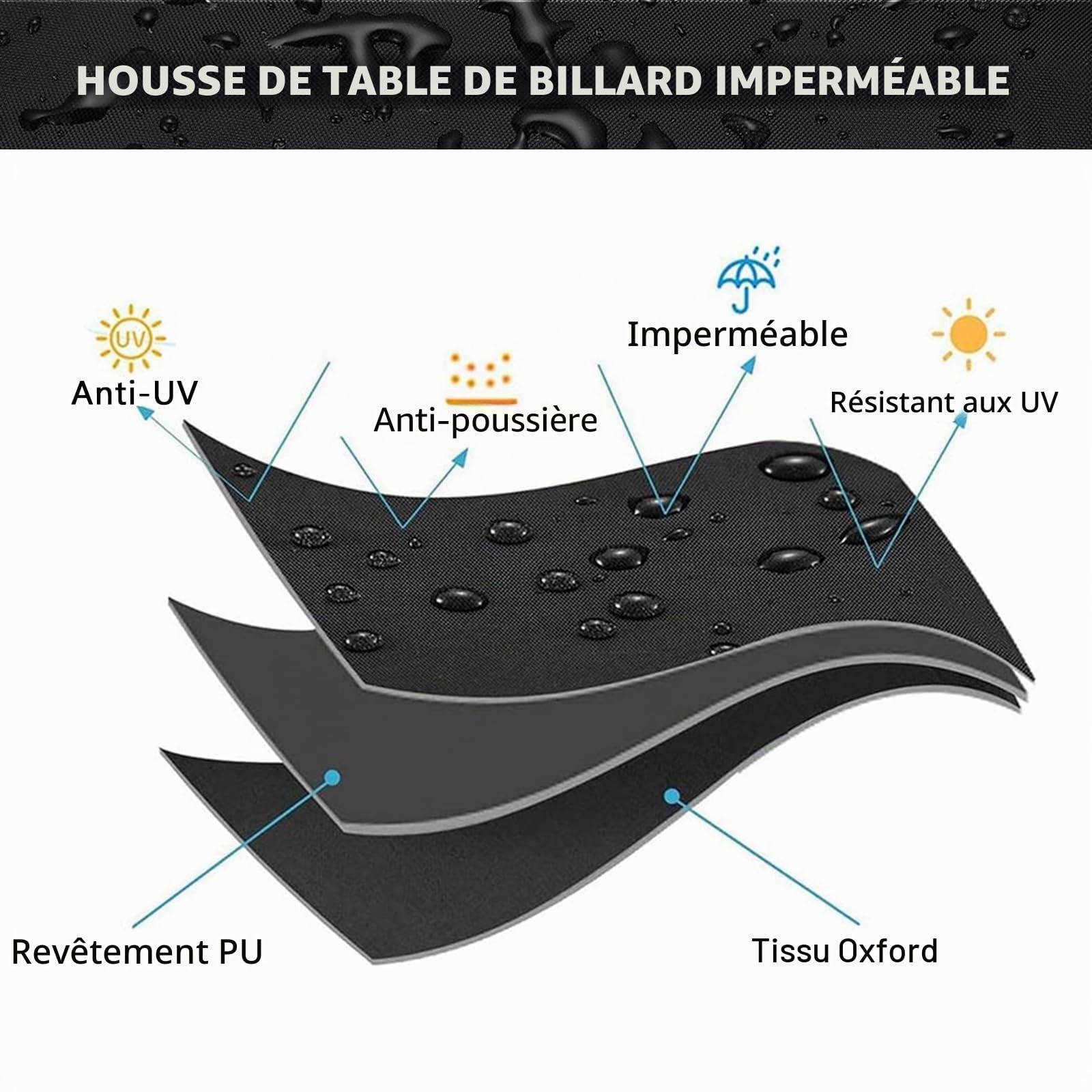 Funvalley Surperfect Housse de table de billard, 2,13 m imperméable - Housse de table de billard en tissu Oxford 210D pour intérieur et extérieur avec cordon de serrage