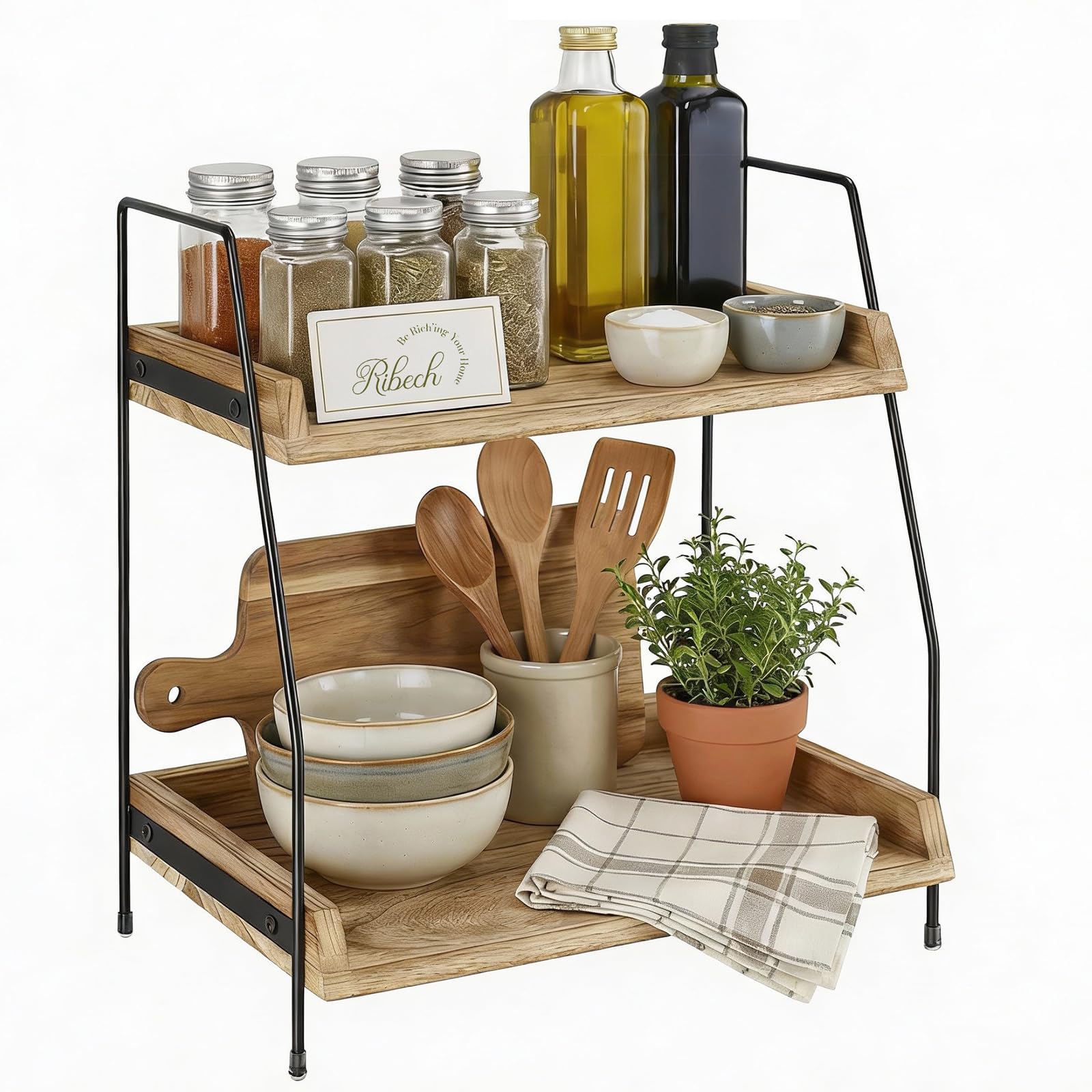 2-stufiges Organizer-Regal aus Holz & Metall | Kaffee- und Küchenregal mit Arbeitsplatte | Für Kosmetik, Bad, Home-Bar | Einfacher Aufbau, Braun