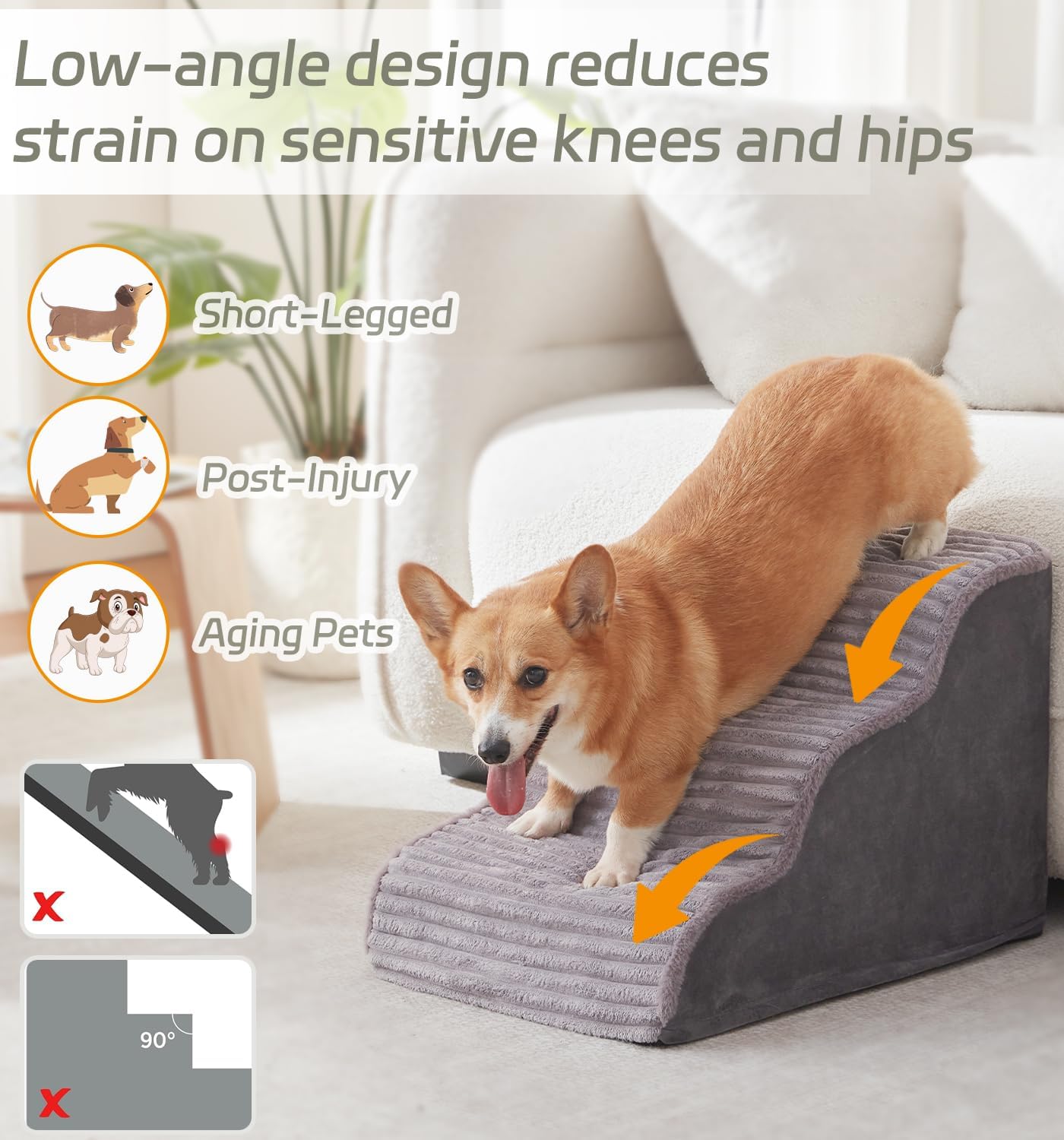 Laojin Balhen Dog Stairs for Small Dogs & Cats 22.5" H, High Density Foam Dog Steps Ramp for High Bed and Couch, Pet Stairs with Non-Slip Bottom and Remove Washable Cover, 5-Step Pet Steps, Grey