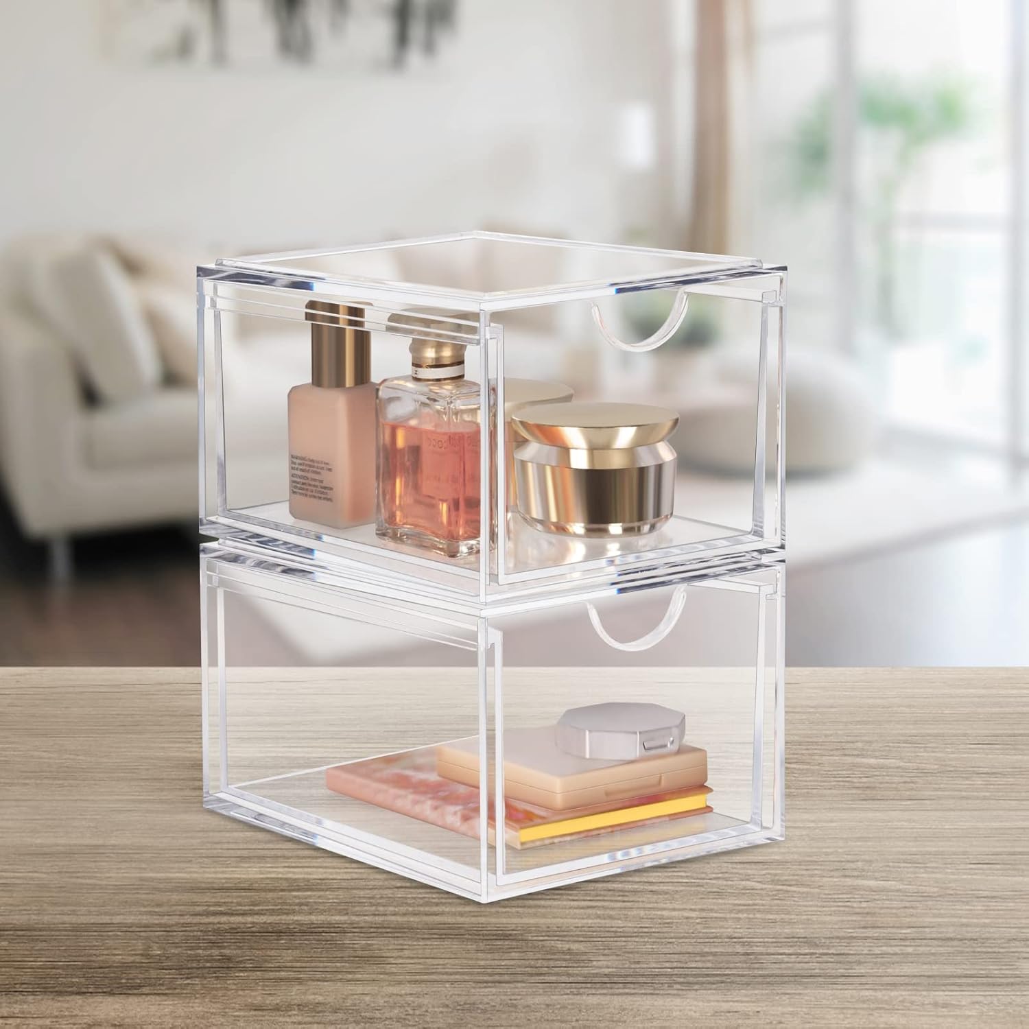 2 Pack Makeup Organizers, 360 Degree Rotating Plus Stackable Organizer Drawers, Large Capacity Clear Cosmetic Storage for Skin Care, Makeup Brushes, Hair Accessories, Lipsticks, Bathroom, Countertop