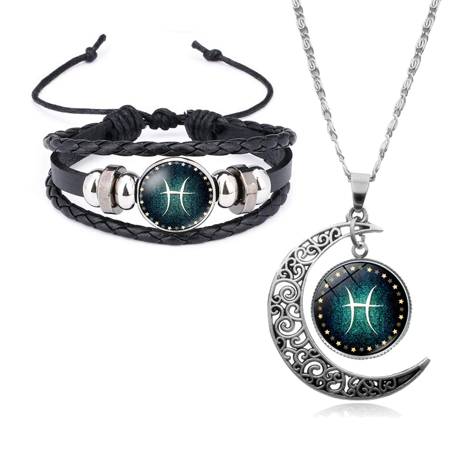 Gift Valentine Gift Rakhi Gift Friendship Day Gifts Specials for girlfriend valentine gifts for boyfriend zodiac sign 12 constellation silver moon princess length pendant necklace for women girl stylish trendy handmade black leather bracelet for men boy unisex (Combo of 2)