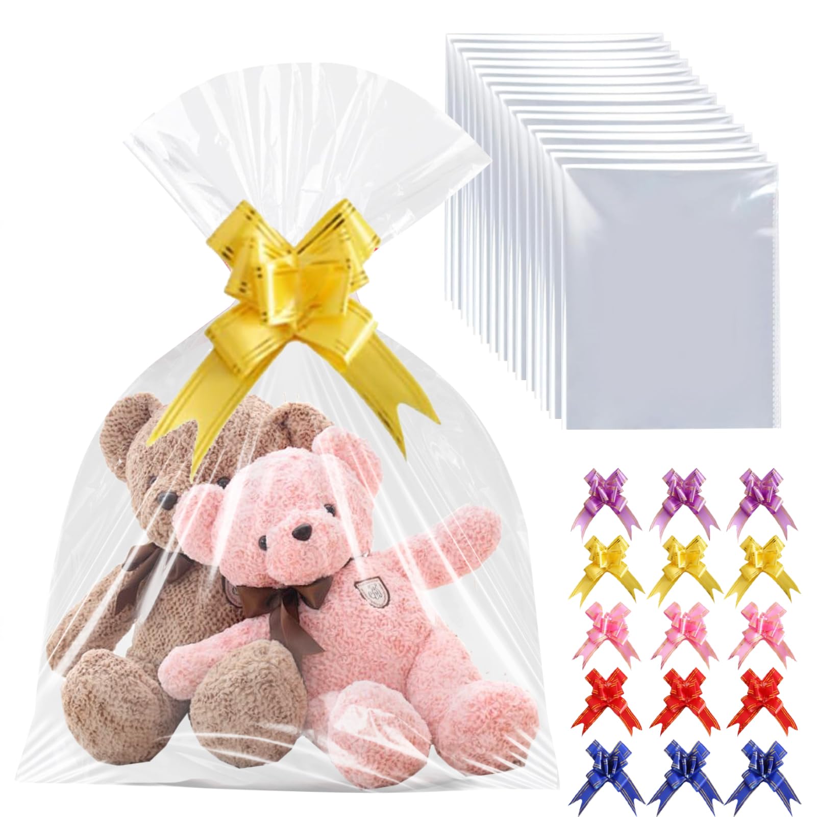 Large Cellophane Wrap Bags for Hampers, 15Pcs 20x28'' Easter Gift Bags with Bows for Presents Hamper Baskets Wraps Easter Birthday Gift Baskets (20x28in)