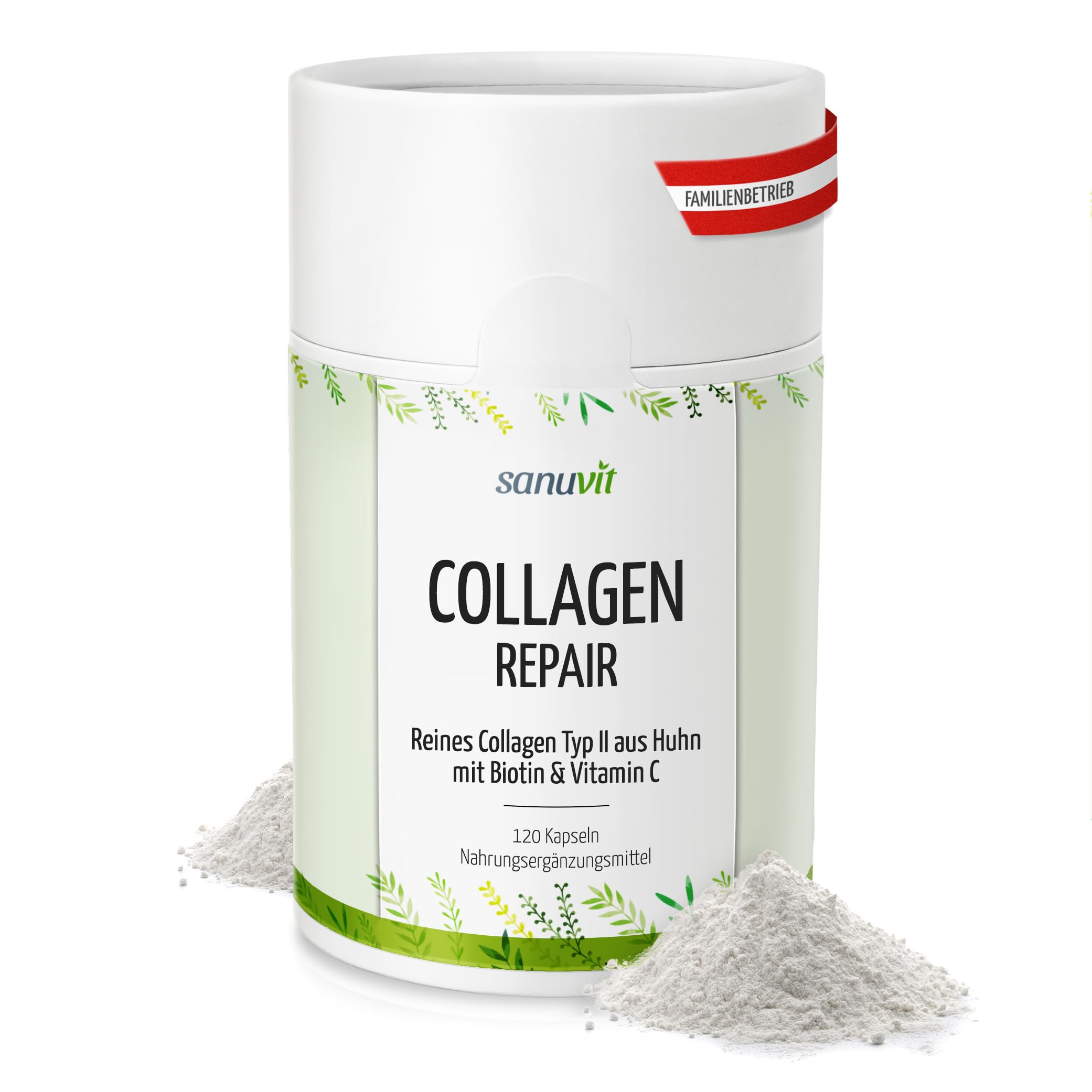Sanuvit® - Collagen Repair mit 500 mg reines Hühnerkollagen aus EU-Hühner pro Kapsel | 120 Kapseln | Hochdosiert | Kollagenhydrolysat-Typ-II | Hohe Verträglichkeit | Hergestellt in Österreich