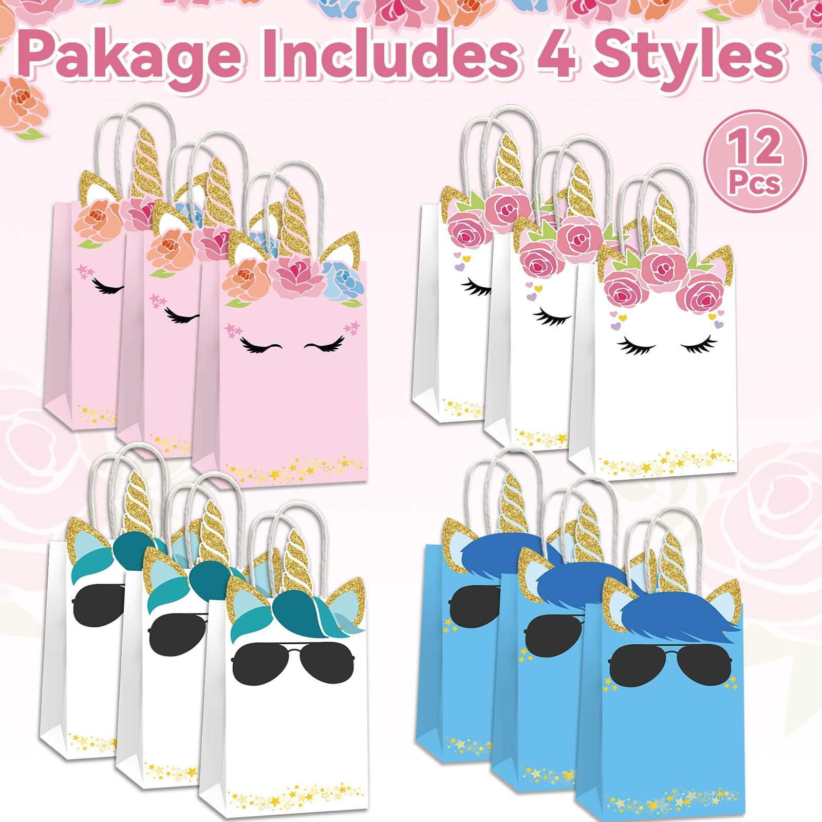 ojustbeok 12PCS Unicorn Party Favor Bags Rainbow Unicorn Birthday Party Disposable Treat Bags with Handles Gift Bag for Girls and Boys Birthday Baby Shower Decorations Supplies