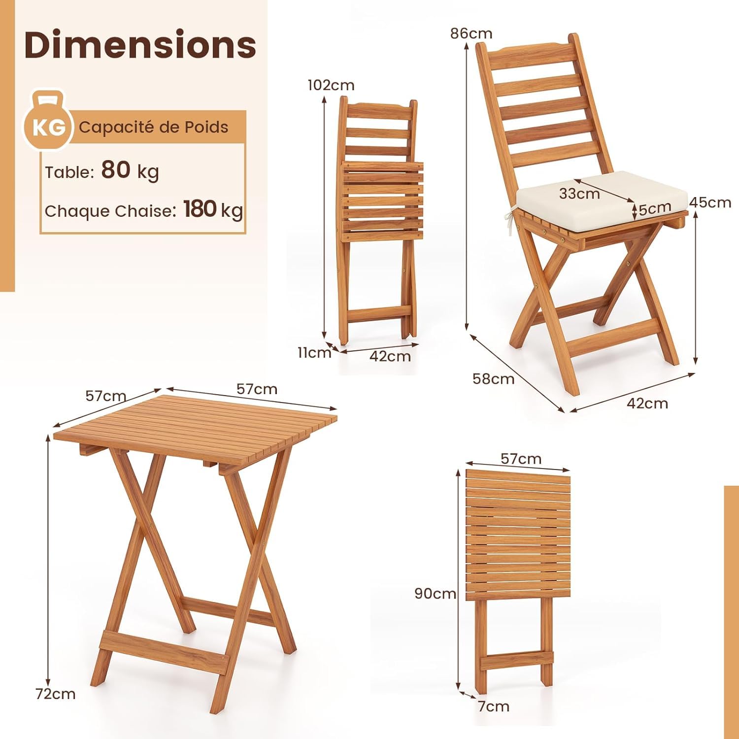 GOPLUS Juego de Mesa y Sillas Plegable de Madera de Acacia | Conjunto Bistro para Jardín de 3 Piezas con Mesa Cuadrada, 2 Sillas Plegables y Cojines para Terraza Patio Piscina