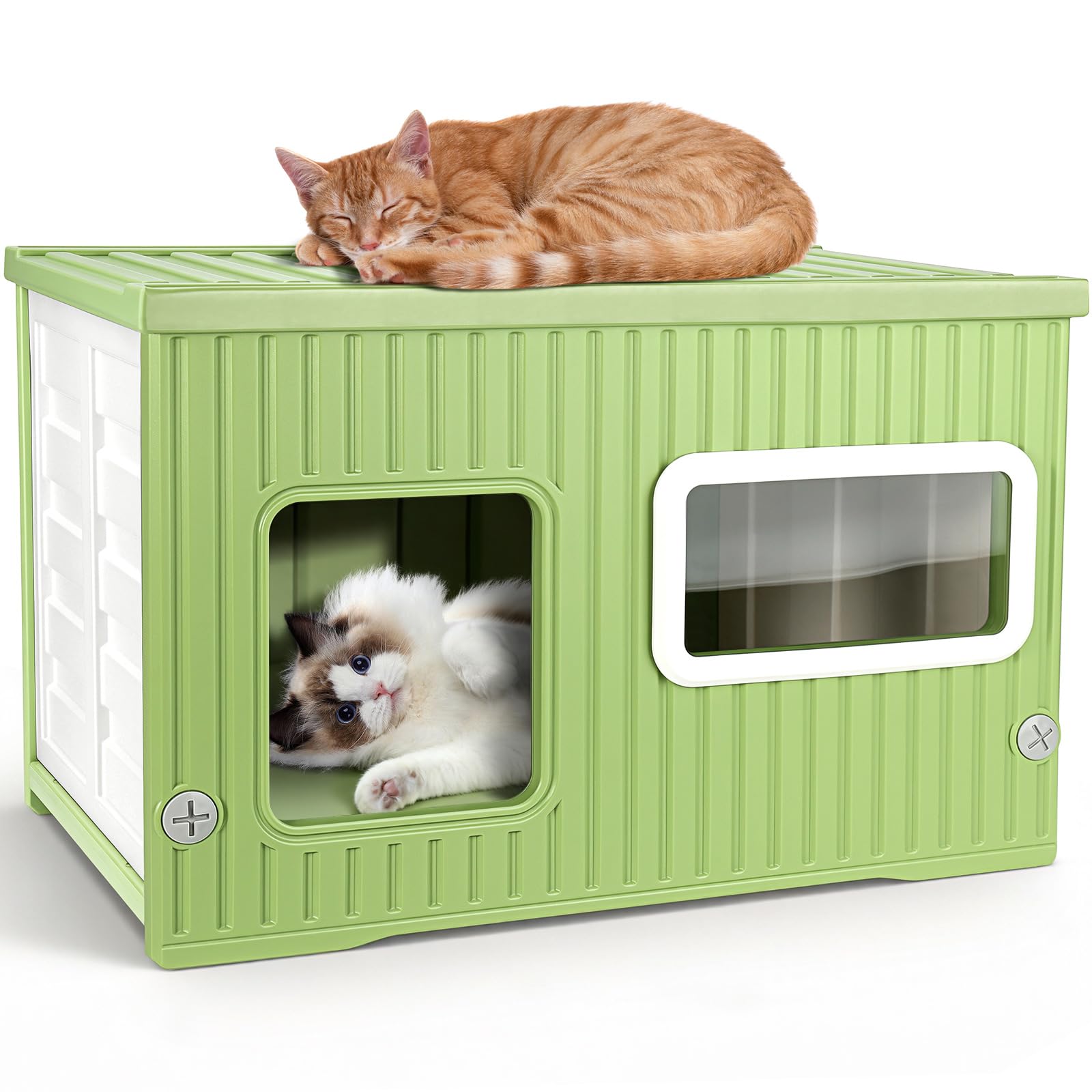 Katzenhaus Outdoor & Indoor Wetterfest – Stapelbare Katzenhöhle aus Kunststoff mit Acrylfenster, moderner Katzenunterstand für Balkon & Garten, für Katzen, kleine Hunde & Kleintiere (56×38,5×36,5 cm)