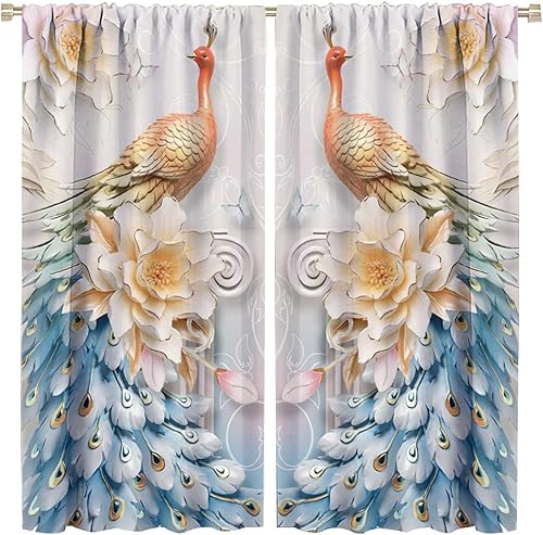 Miniatura 11 de Cortina opaca con estampado de pavo real, con estampado de animales retro, con bolsillo para cortinero y flores de peonía doradas, para dormitorio,