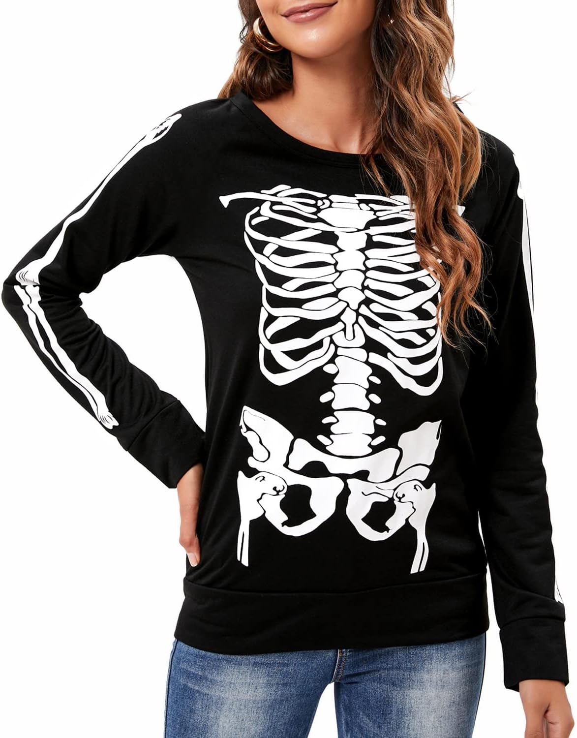 DDSOL Women's Long Sleeve Skeleton Shirt Crewneck Halloween Costume Outfits Tops Skeleton Sweatshirt - Image 2