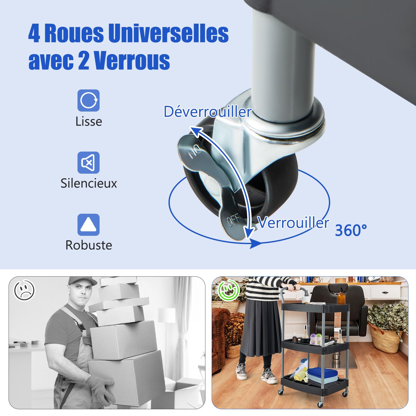 GYMAX Chariot de Rangement à roulettes 3 Niveaux, Cadre en Métal, Poignée Pratique, Organisateur pour Outils, Roues Universelles, pour Garage, Salon de Coiffure, Salon de Beauté, Atelier