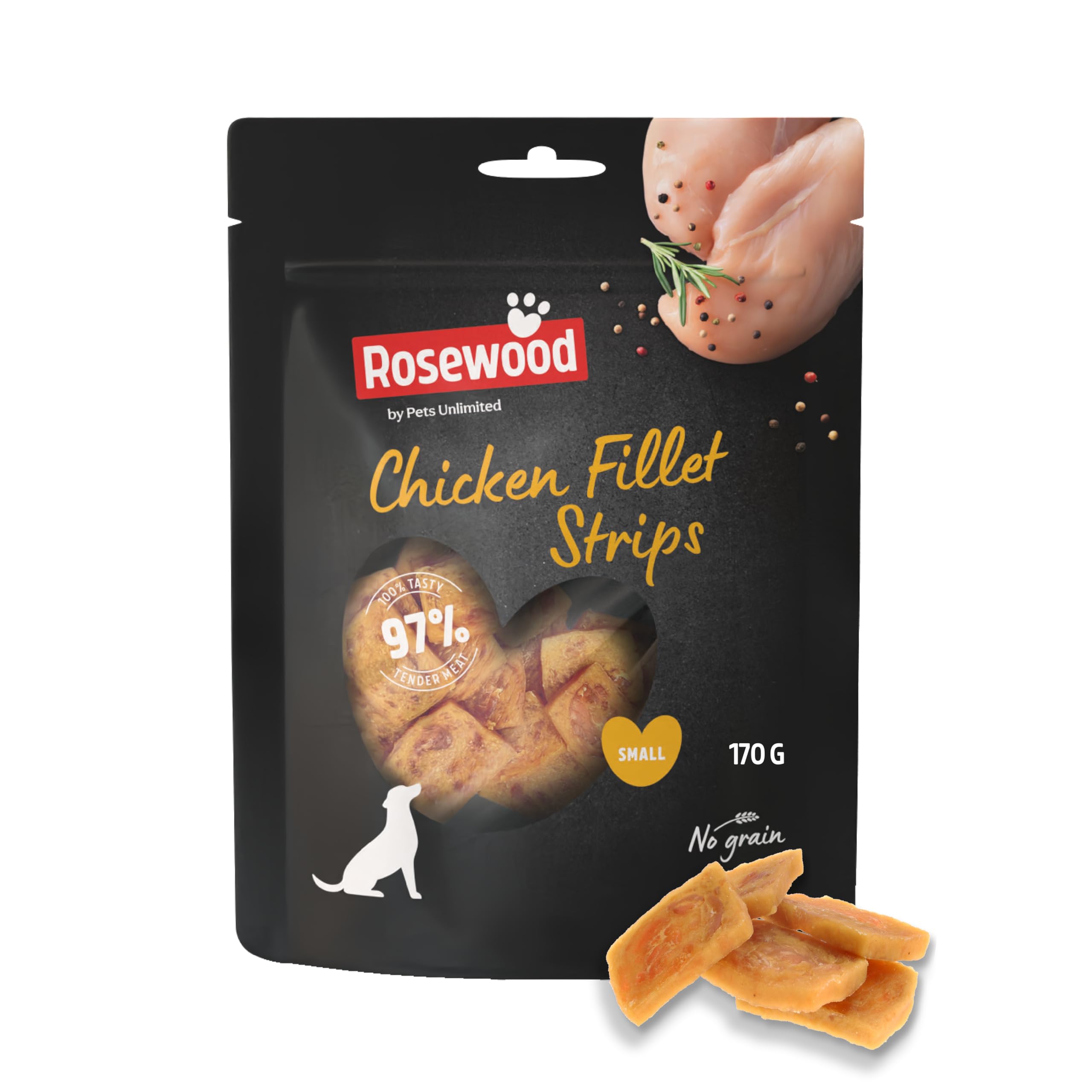 Rosewood Chicken Fillet Strips Small – Weicher Snack für kleine Hunde mit 97 Prozent Huhn, proteinreich und fettarm, ohne Getreide, ohne künstliche Zusatzstoffe, 170 g