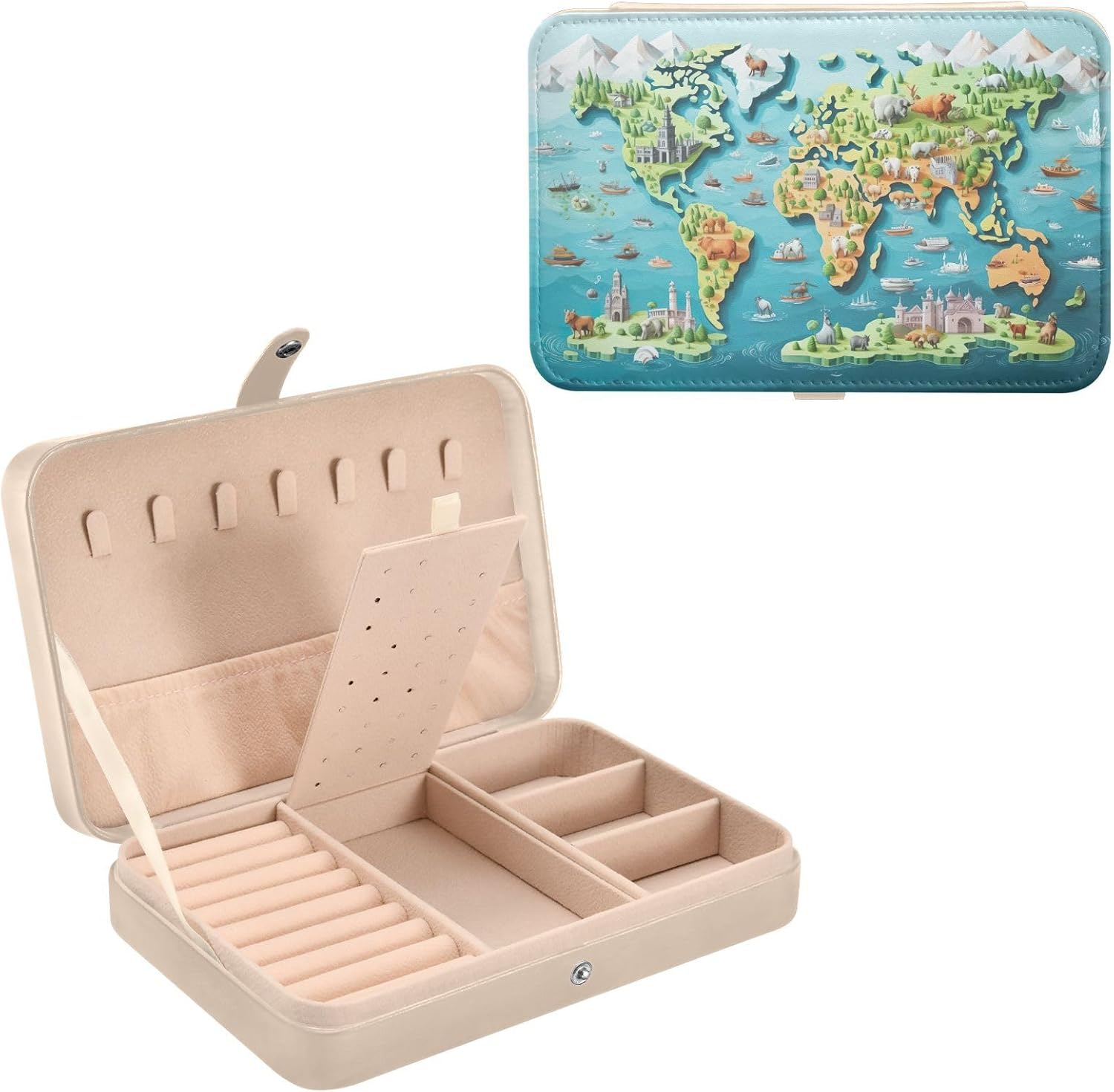Kigai Cute World Map Jewelry Box for Women Girl PU Leather Travel Jewelry Case Jewelry Organizer Box Portable Display Storage Case for Necklaces Earrings Rings Bracelet
