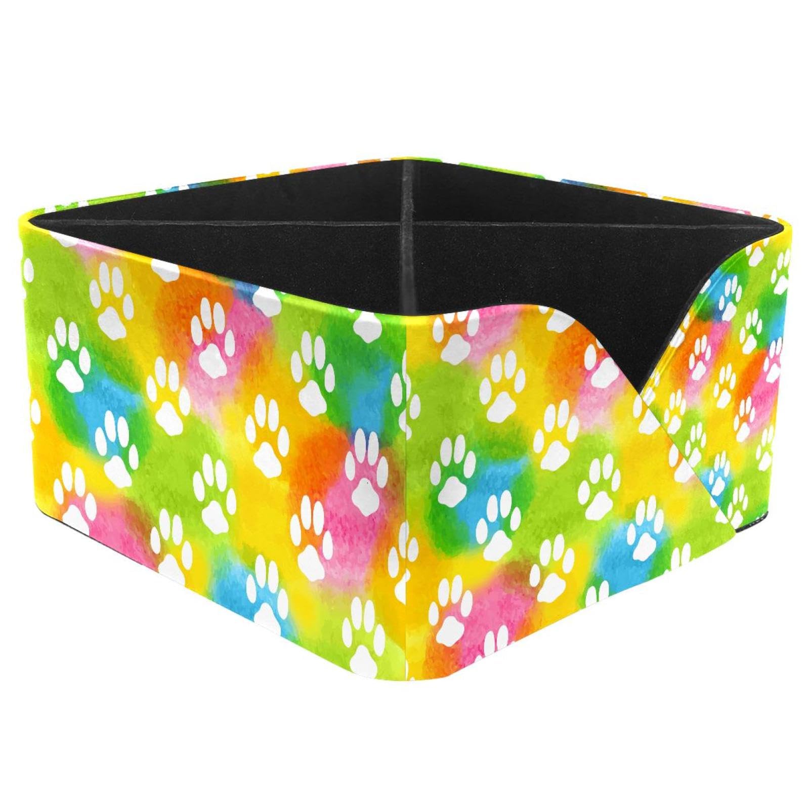 KengjuTesu Watercolor Animal Footprint Dog Cat Paw Colorful Pattern Desktop Organizer Pen Holder, Rectangular Pencil Cup for Office, Study and Makeup Stations