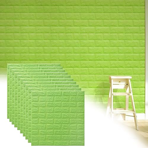 Panel de pared 3D verde piedra sintética, 10 piezas de ladrillo de espuma impermeable autoadhesivo, calcomanías de pared 3D despegar y pegar, papel