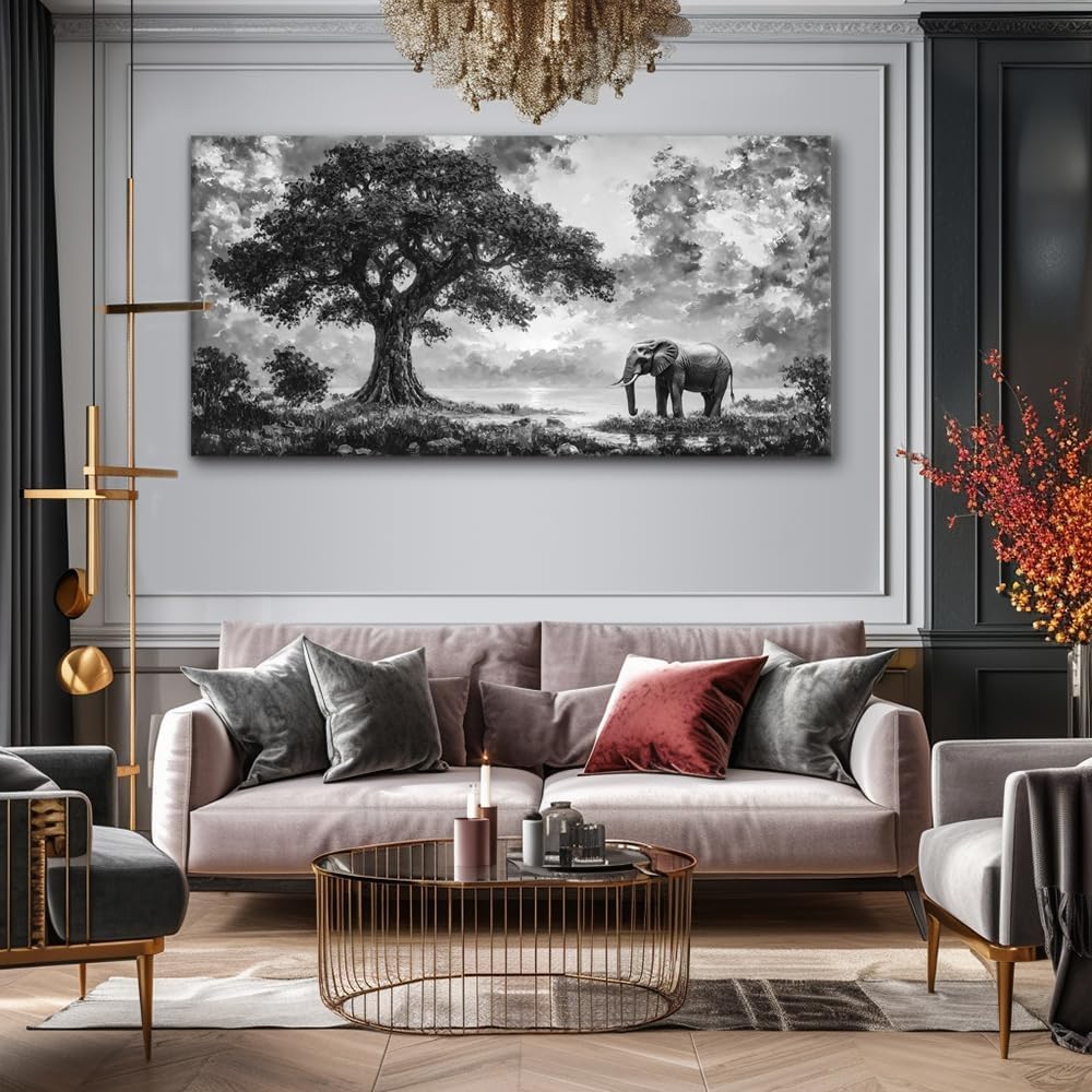 Black and White Baobab Elephant Animal Picture Modern Landscape Painting Prints on Canvas Kitchen Bathroom Wall Art Framed for Living Room Decor