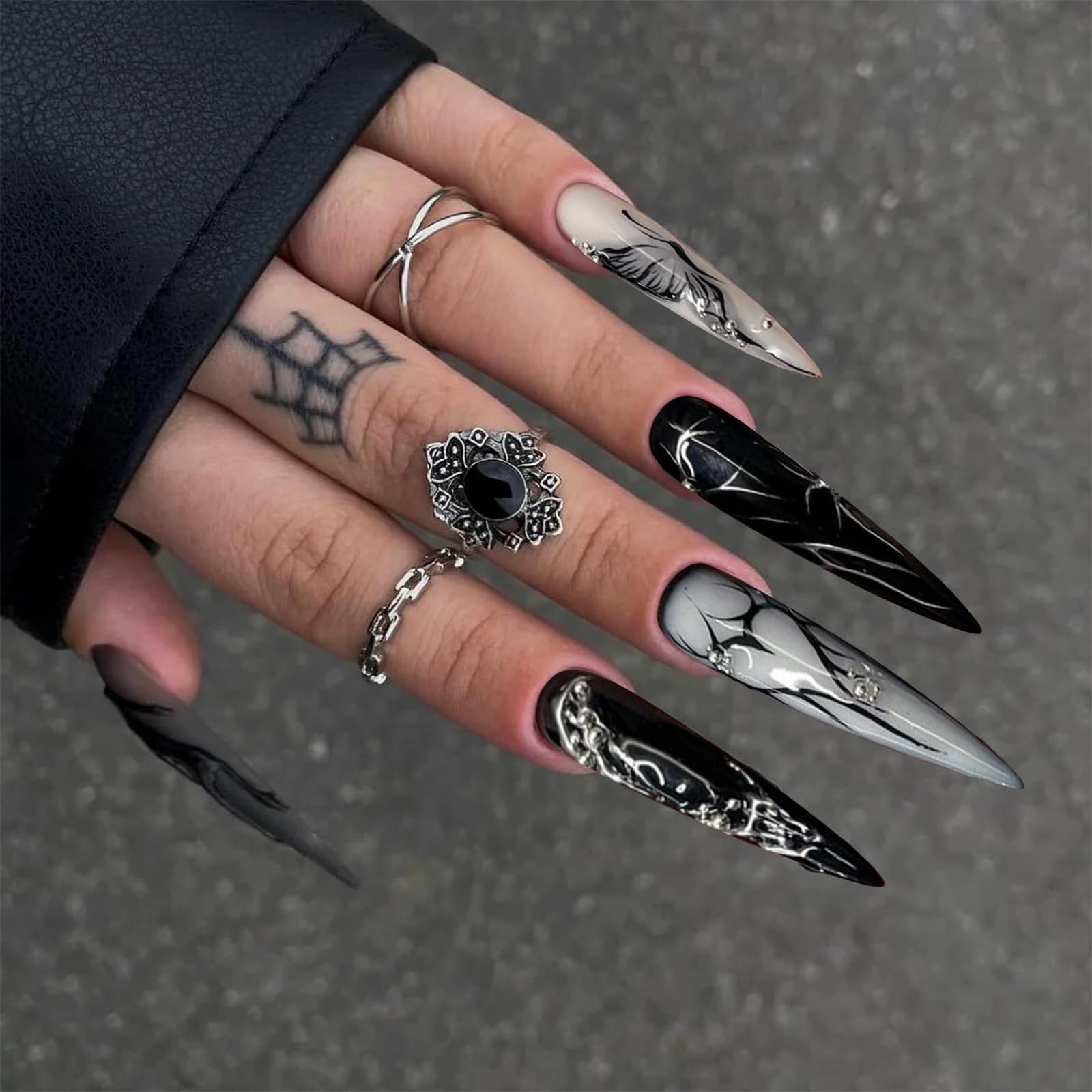 GlamRays 24 sztuk paznokci Press on Nails Długie Stiletto Sztuczne paznokcie Błyszczące Paznokcie klejące Mandratowe Akrylowe paznokcie Goth Czarne Sztuczne paznokcie Gothic Motyl Nakładane sztuczne
