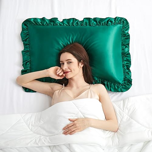 Vista 95 de Fundas de almohada de satén negro con volantes para cabello y piel, juego estándar de 2 fundas de almohada de seda negra con cierre de sobre