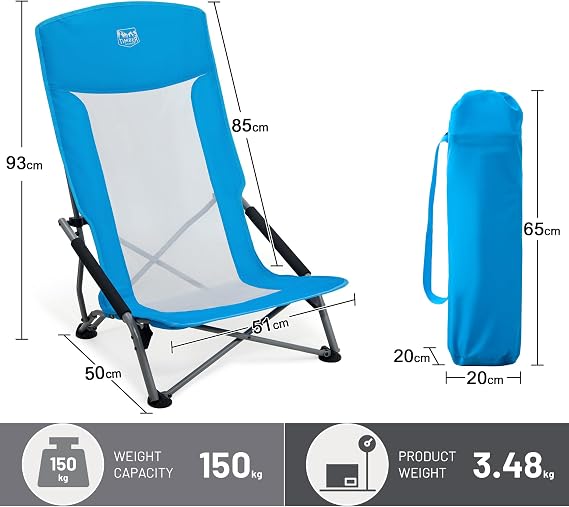 TIMBER RIDGE Low Folding Beach Chair 150kg Mesh High Backrest Blue