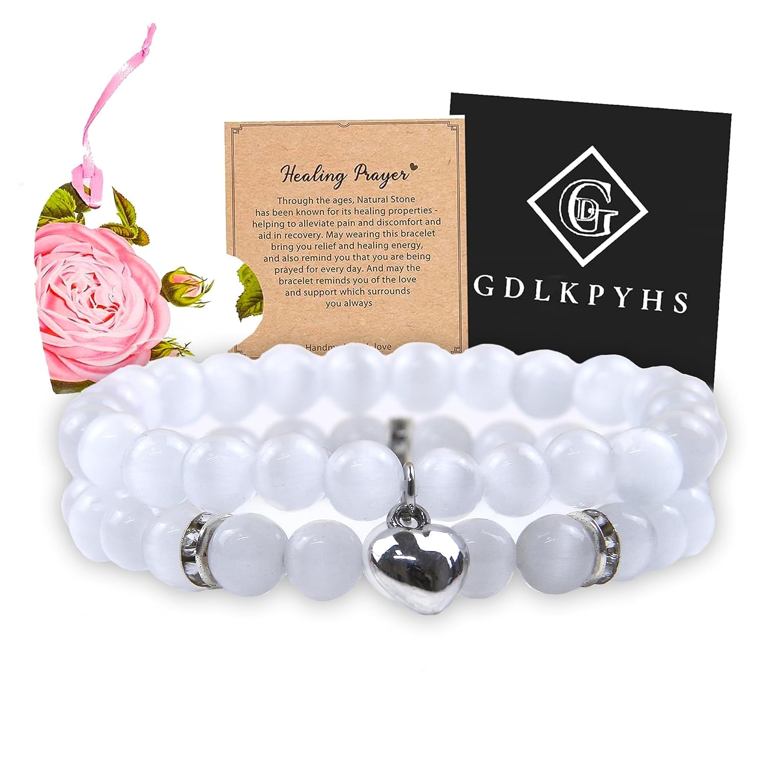 2Pcs Healing Crystal Bracelets for Women Handmade Beaded Bracelet Healing Prayers Crystal 8mm Natural Stone Beads Bracelet Stress Relief Get Well Soon Gifts