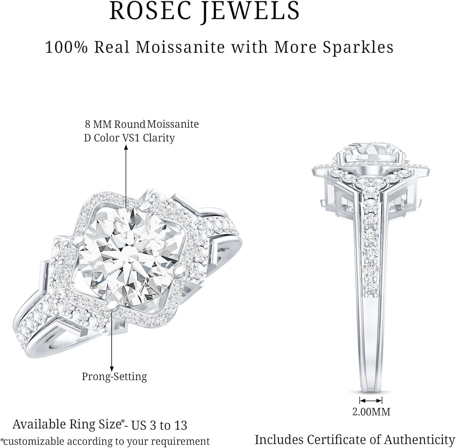 Certified 2 Carat Moissanite Vintage Engagement Ring in Silver, D-Vs1 Quality, Moissanite Statement Ring (Ideal For Gift)