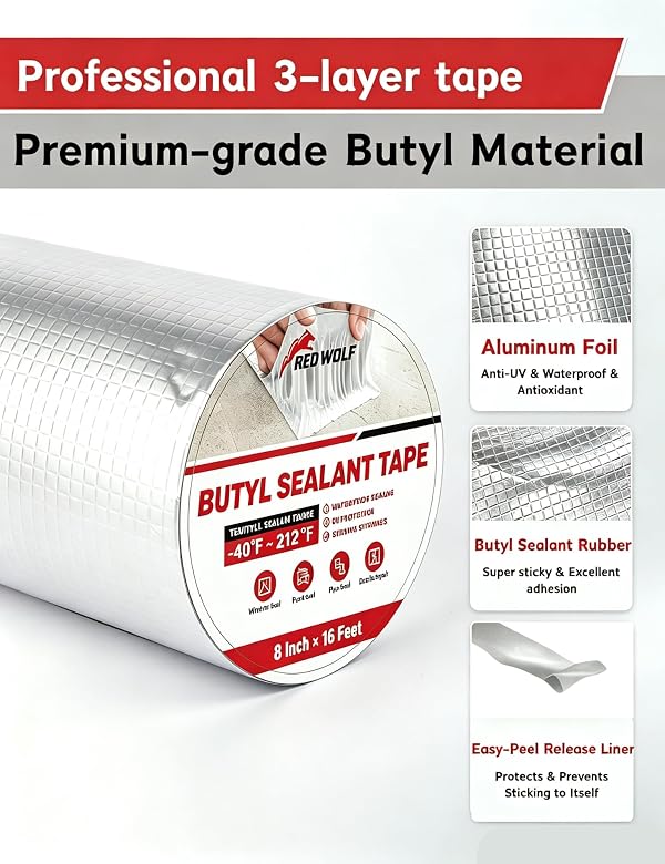 RED WOLF Butyl Aluminum Foil Seal Tape Waterproof UV-Resistant 8" x16 Feet by RED WOLF - Used condition - Image 7