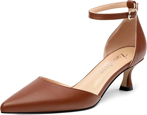 Womens Low Kitten Heel Closed Pointed Toe Pumps Matte Ankle Strap Buckle Wedding Party Dress Shoes for Women 2 Inches