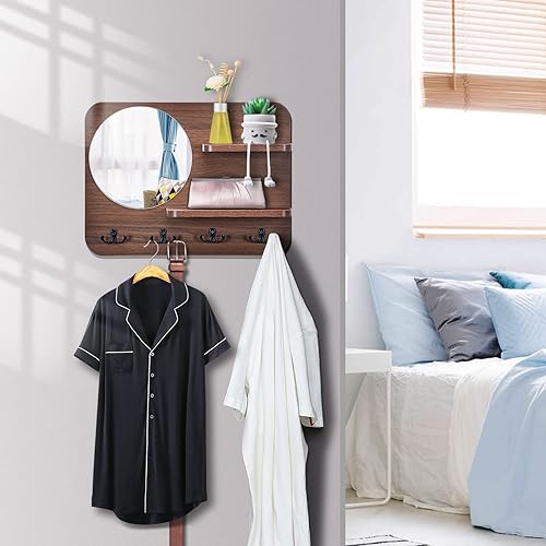Miniatura 8 de Perchero rústico de madera para colgar en la pared, con espejo y 4 ganchos dobles, estante decorativo con gancho de entrada para pasillo, sala de