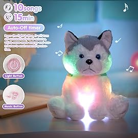 Houwsbaby 12\'\' Gray Light Up Musical Stuffed Animal Husky Singing LED Dog Glowing Plush Toy Lullaby Animated Soothe Birthday Festival Present for Kids Toddler Girls