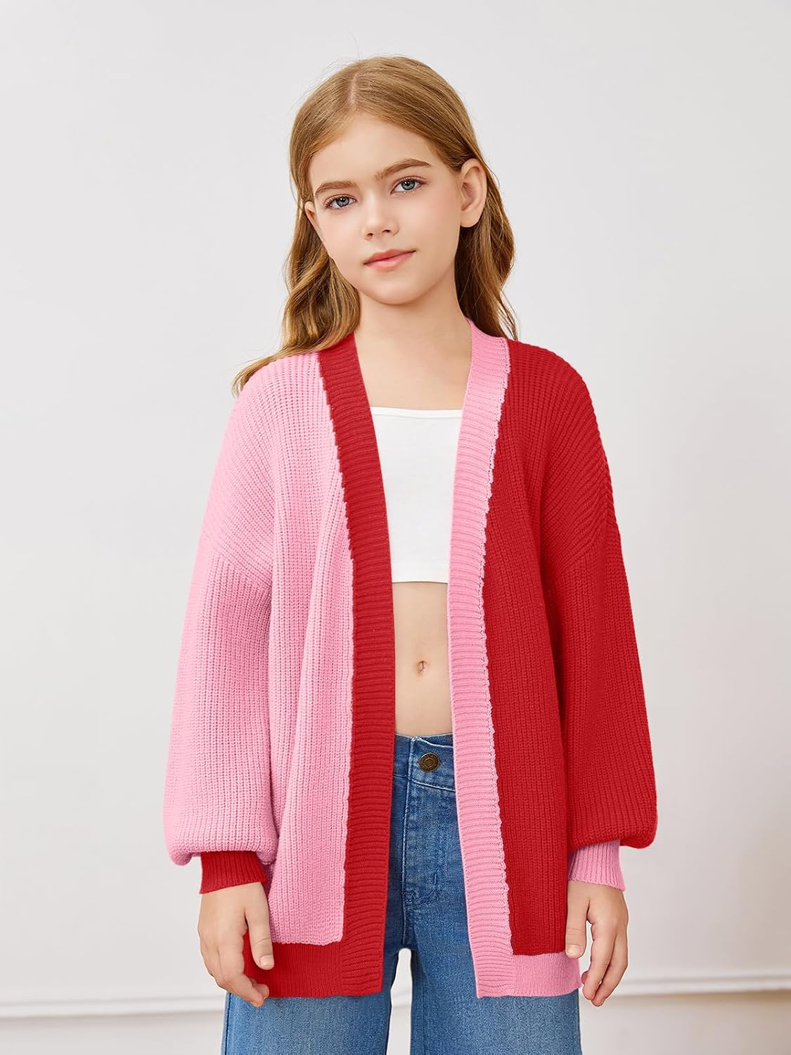 Haloumoning Girls Oversized Batwing Sleeve Cardigan Sweaters Kids Fashion Open Front Color Block Outerwear