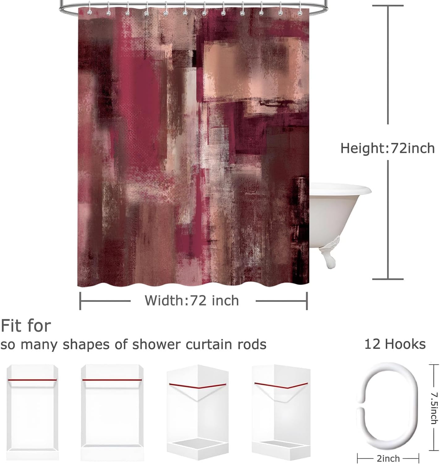 Burgundy Red Abstract Shower Curtain 72x78 Inch, Grey Brown Modern Art Painting Bath Curtain Waterproof Shower Curtains for Bathroom Decor with 12 Hooks