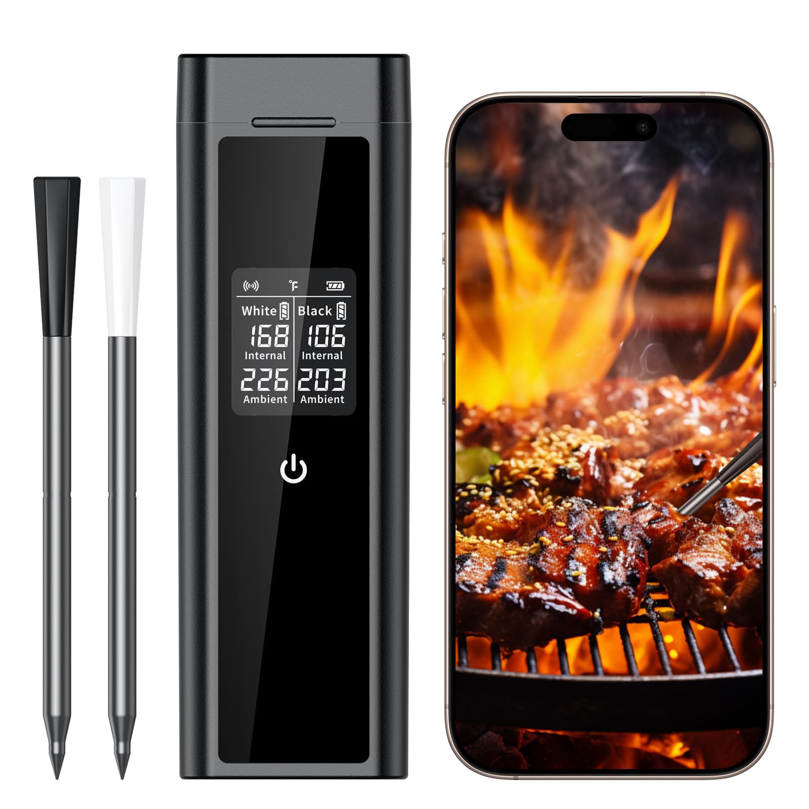 Fleischthermometer Kabellos Doppel Sonde | Bluetooth Grillthermometer, IP67 Wasserdicht, 250m Reichweite, Geschirrspülmaschinenfest, Kerntemperaturmesser für Backofen, Grill, Smoker, BBQ & Air Fryer