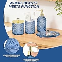 Vista 4 de Jenseits Glass Bathroom Accessory Set 4 Piece - Elegant Blue Diamond Cut Bathroom Set - Lotion Dispenser, Toothbrush Holder, Cotton Swab Jar, Tray