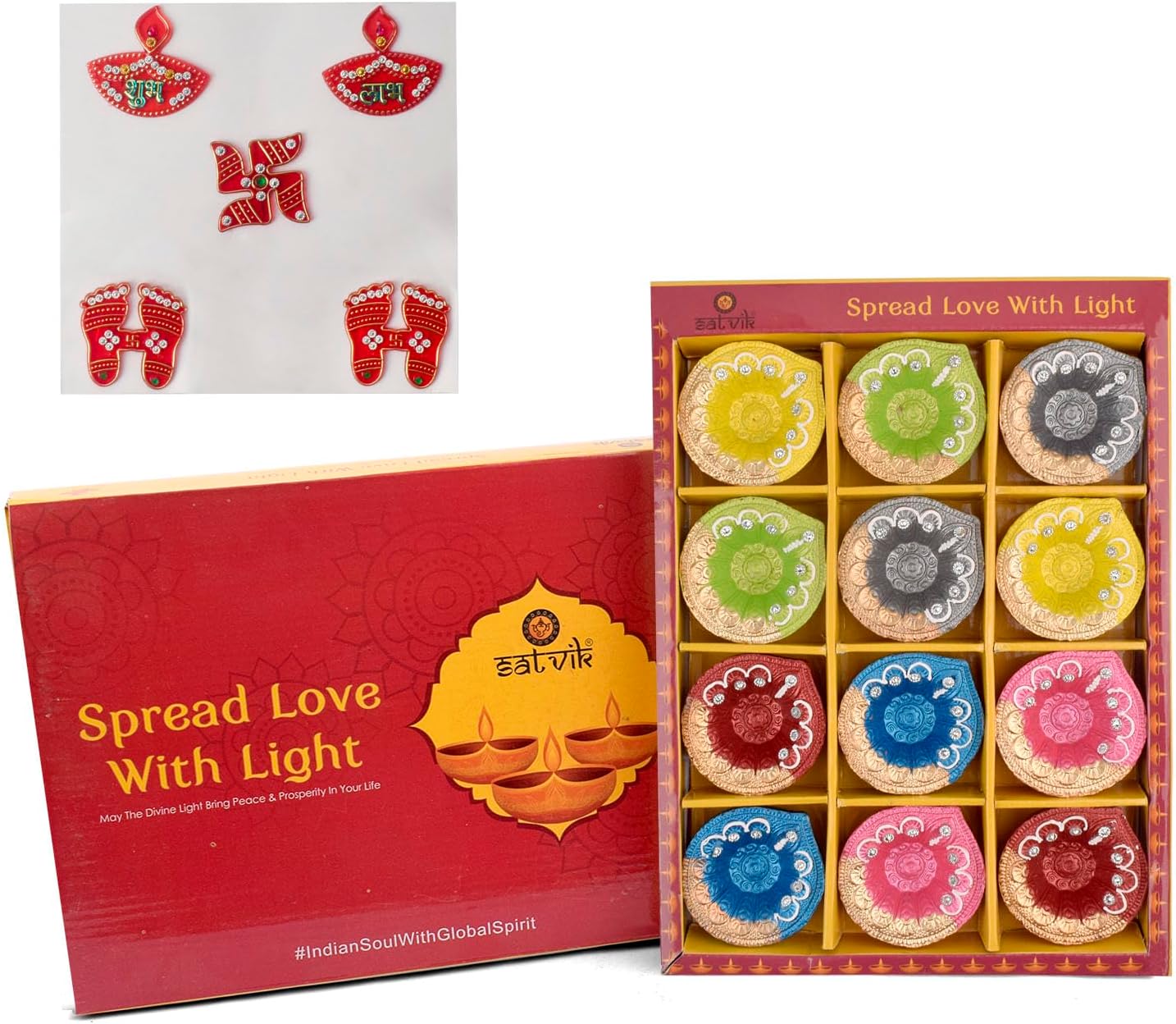 SATVIK Set of 12 with Assorted Shubh Labh Stickers l Handcrafted Clay Diyas for Diwali Celebration | Traditional Terracotta Oil Lamps