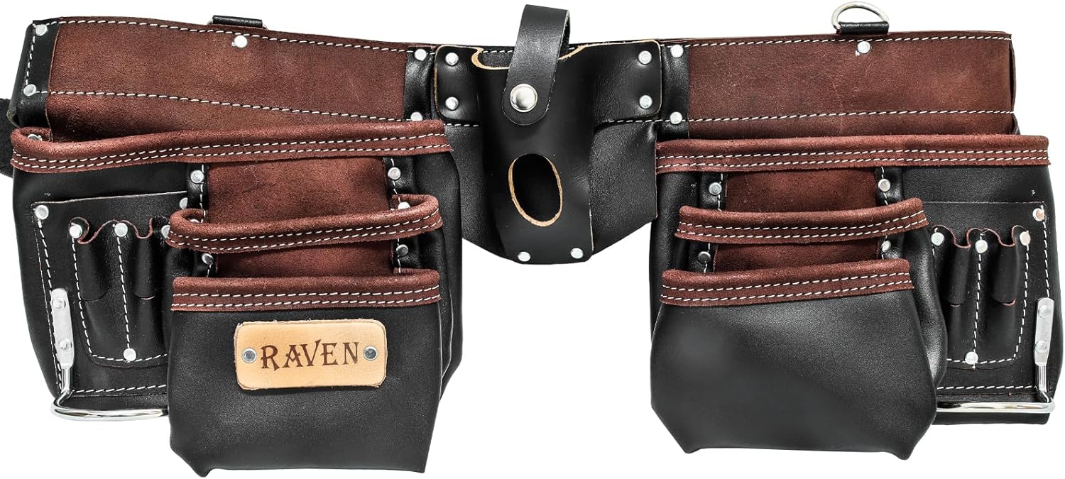 Heavy Duty 13 Pocket Leather Tool Belt with 2 Steel Hammer Loops, Black Brown