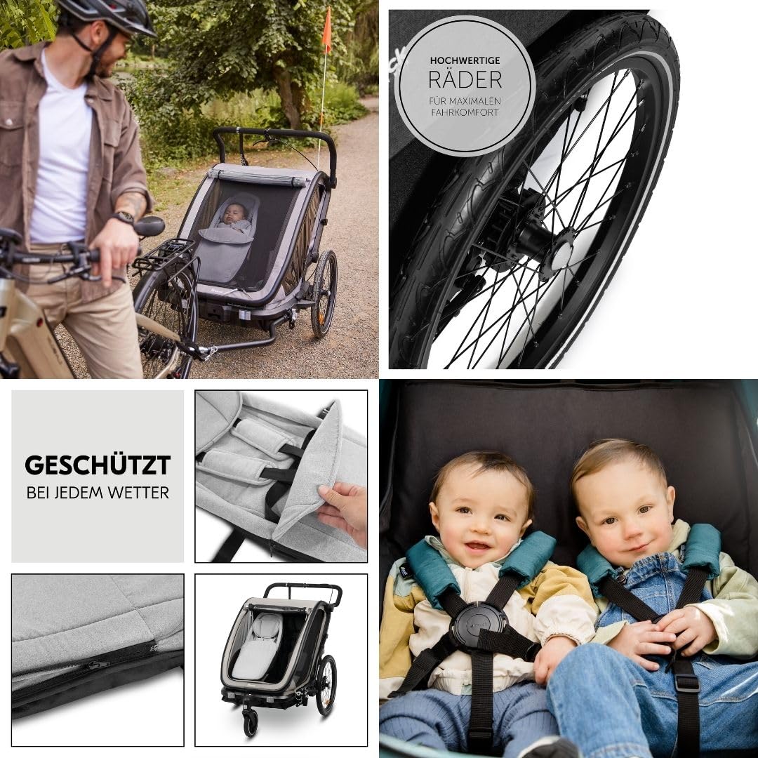 hauck 2in1 Fahrradanhänger Dryk Duo Set inkl. Baby Lounger | Zwillingsanhänger und Kinderwagen für 2 Kinder | faltbar & gefedert, XL Luftreifen