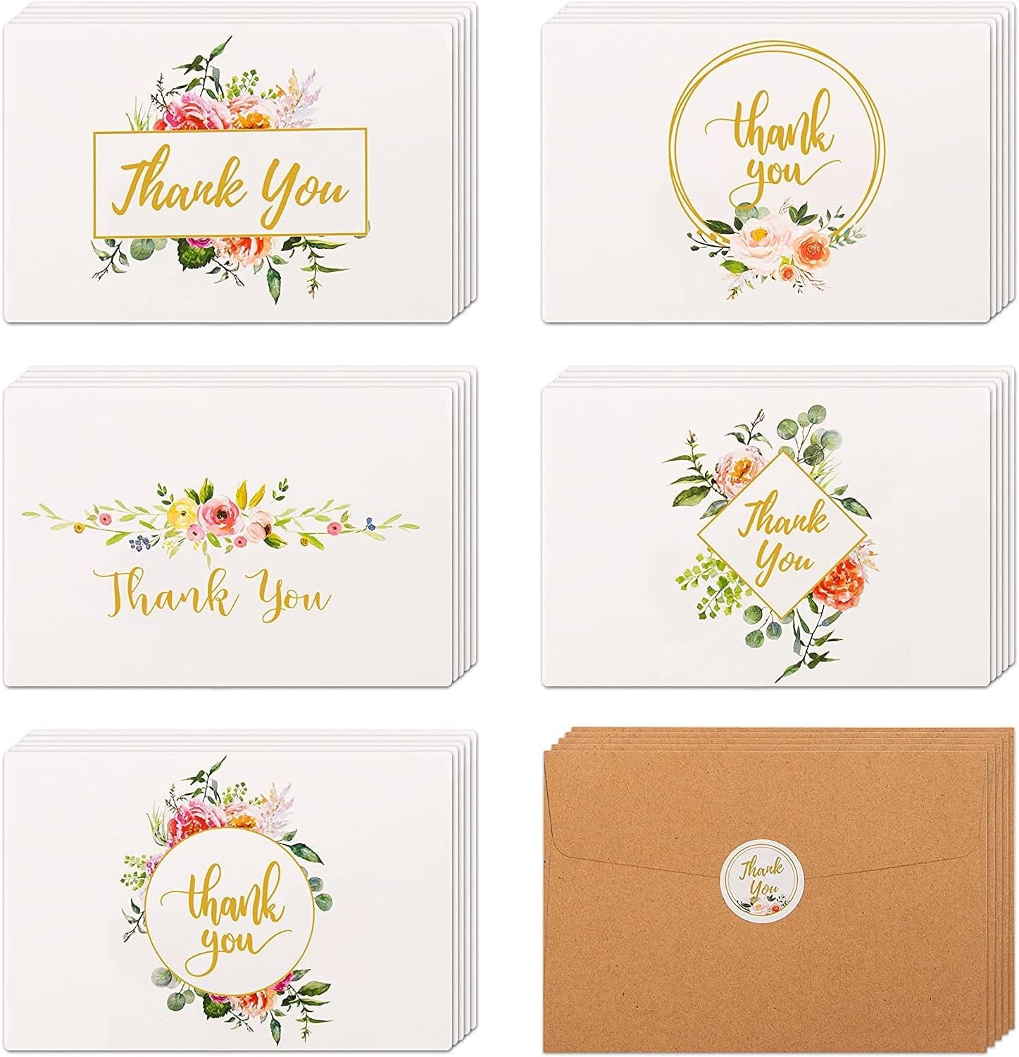 40 Pack Thank You Cards with Kraft Envelopes and Matching Stickers, Bulk Pack Set, 4x6 Inch Blank Minimalistic Design, Thank You Notes for Wedding, Baby Shower, Bridal Shower and Small Business